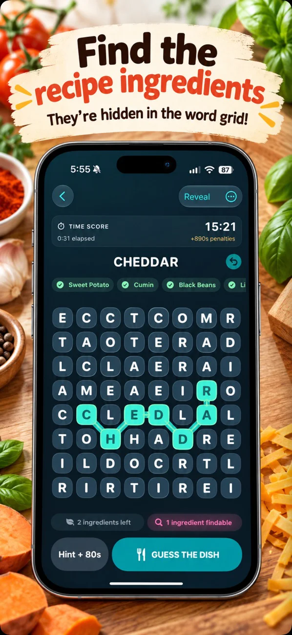 Ingredient word grid with cheddar selected and a Guess the Dish button