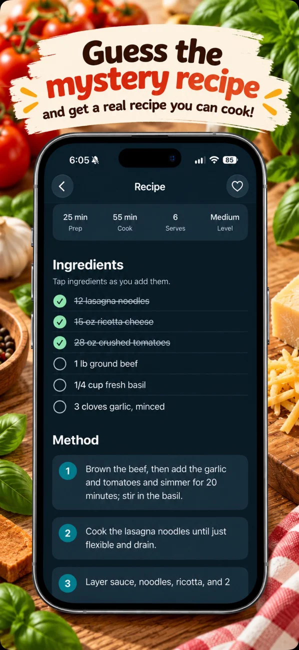 Unlocked recipe showing cooking times, ingredient checklist, and step-by-step method